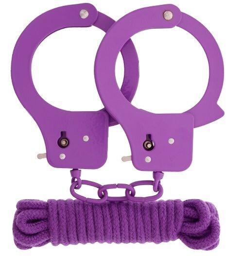 Фиолетовые наручники из листового металла в комплекте с веревкой BONDX METAL CUFFS LOVE ROPE SET